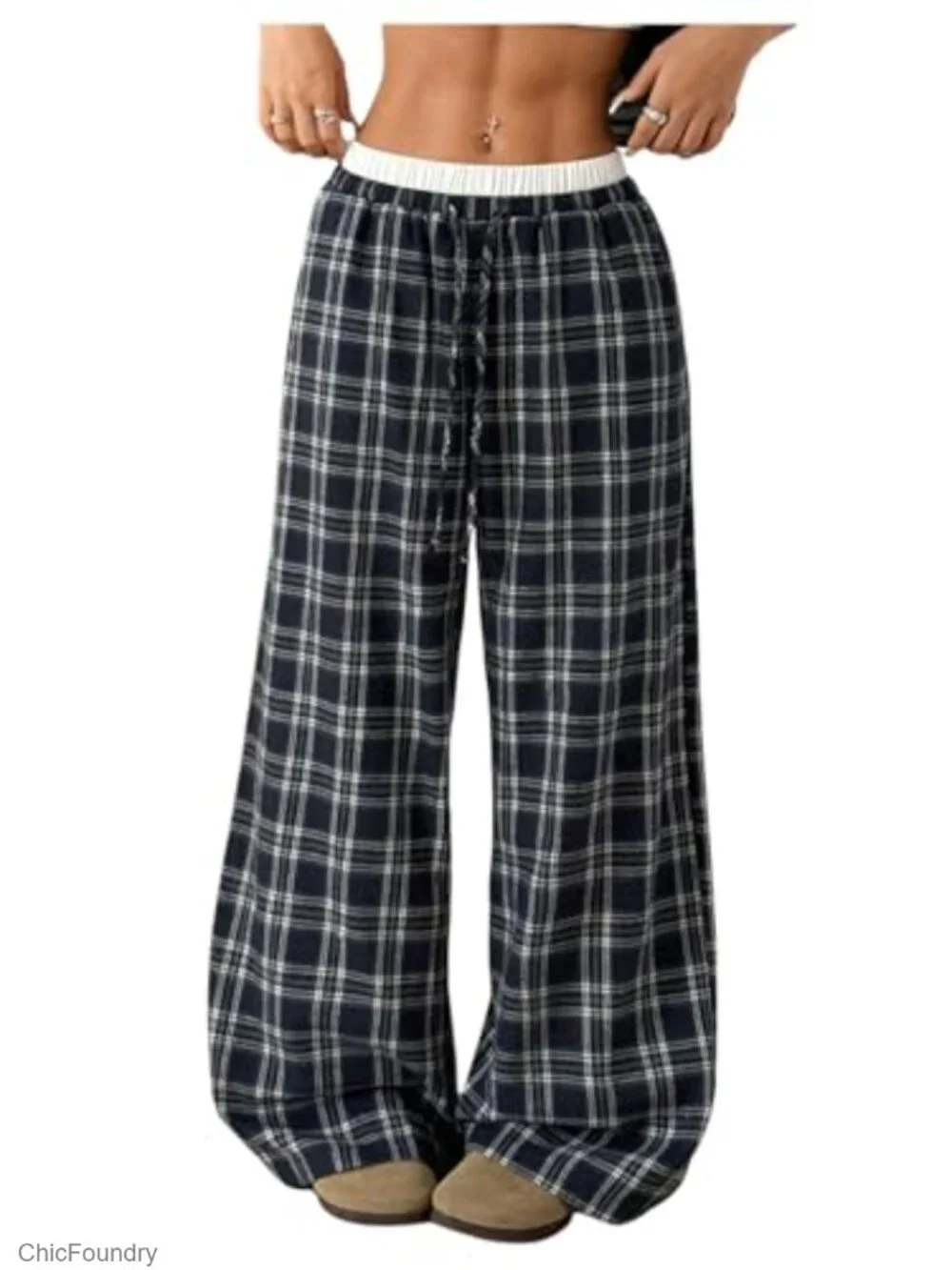 Girls Plaid Wide Leg Track Pants Baggy Loose Fit with Pockets